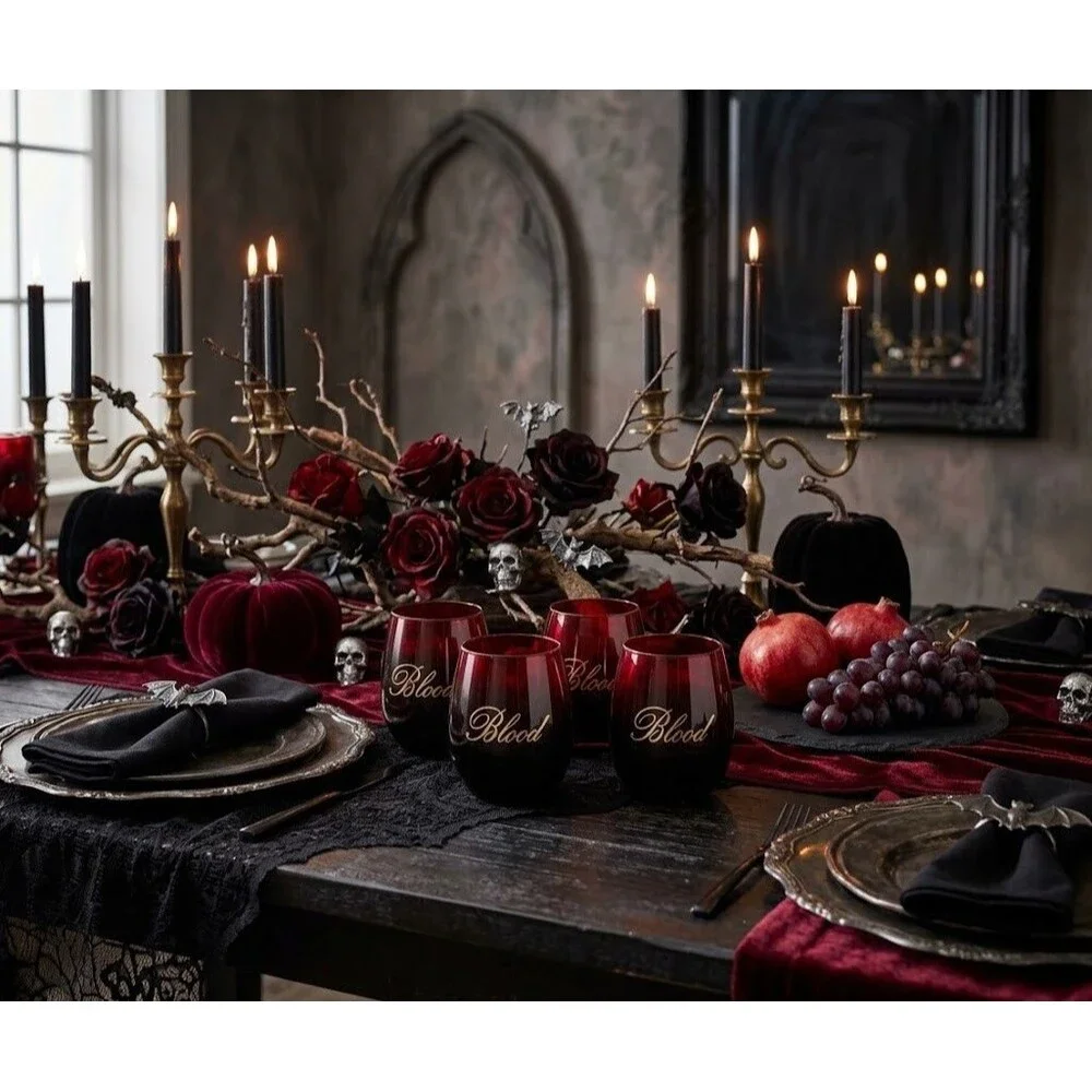 Set of 4 Halloween Blood Stemless Wine Glasses Red Black Ombre Gold Script
